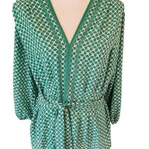 Max Studio Women's Top Blouse Green White Blue V-Neck Long Sleeve Large
